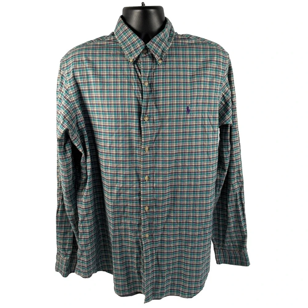 Mens Ralph Lauren Long Sleeve Button Down Teal Plaid Shirt Size XL Cotton